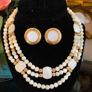 Vintage, three strand mother of pearl necklaces and earrings.